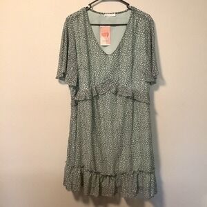 KIRUNDO‎ Sage Green Leopard Print Tiered Ruffle Dress XL Flutter Sleeve V Neck